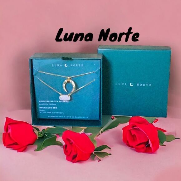 LUNA NORTE NIB NECKLACE SET BRASS GENUINE DRUZY QUARTZ POSITIVELY HEALING - Picture 1 of 6